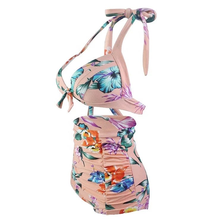 A18019 Plus size two piece swimwear hanging neck front bow swimwear women high waist  digital prints Vintage Swimsuits