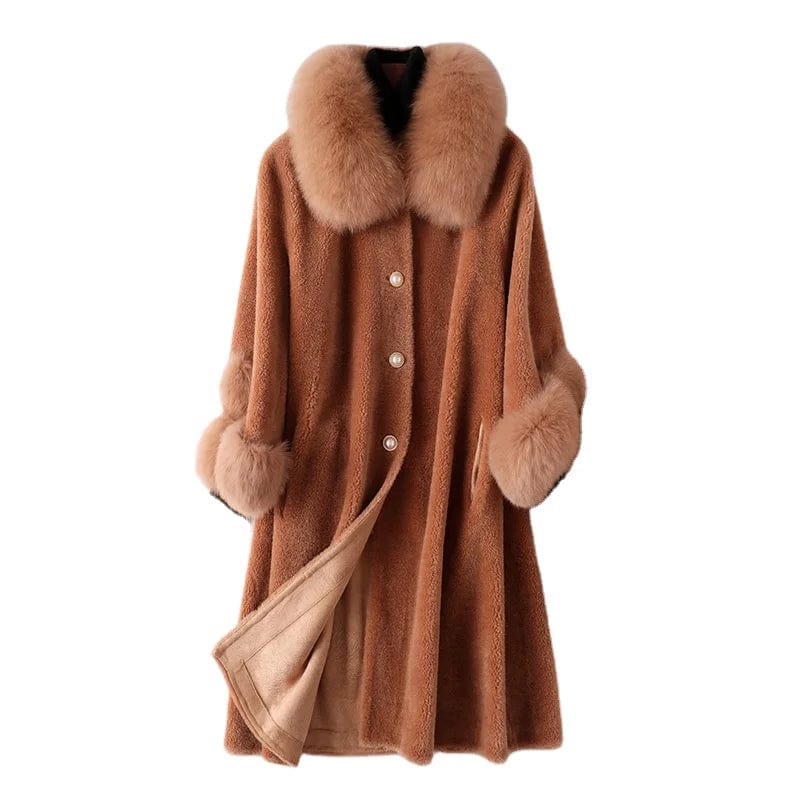A19003 Lady Real wool sheep shearing fur coat women fox collar winter warm genuine fur coat winter warm coat