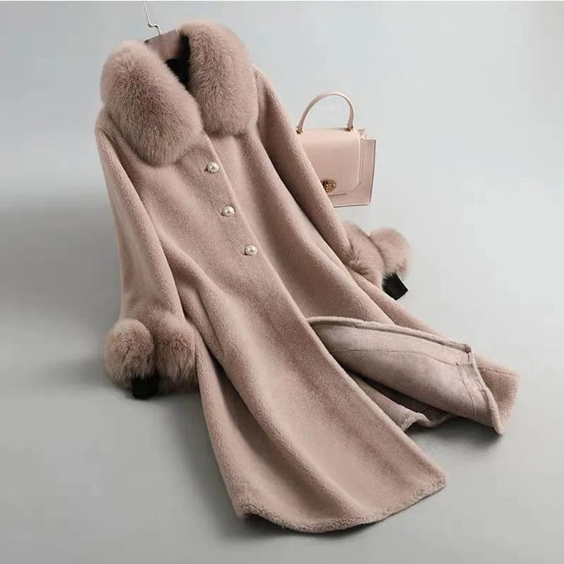 A19003 Lady Real wool sheep shearing fur coat women fox collar winter warm genuine fur coat winter warm coat