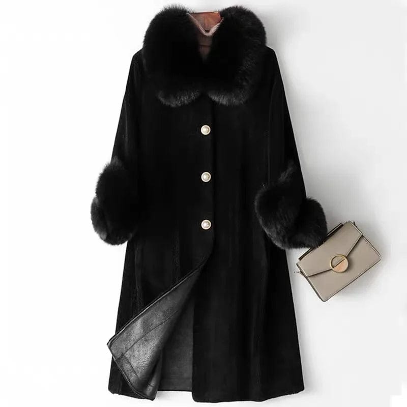 A19003 Lady Real wool sheep shearing fur coat women fox collar winter warm genuine fur coat winter warm coat