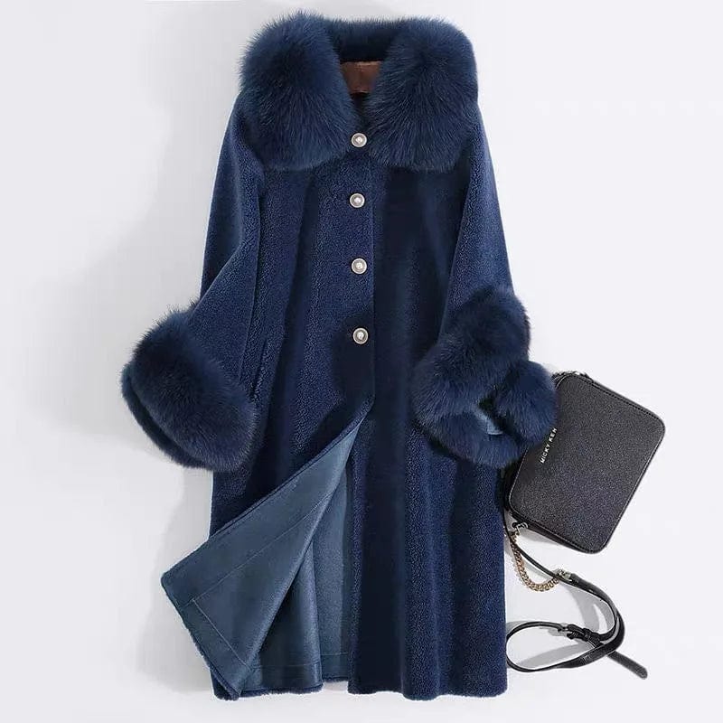 A19003 Lady Real wool sheep shearing fur coat women fox collar winter warm genuine fur coat winter warm coat