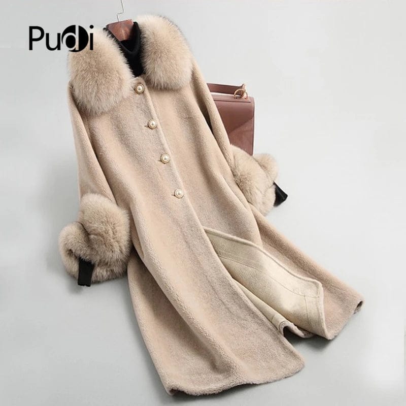 A19003 Lady Real wool sheep shearing fur coat women fox collar winter warm genuine fur coat winter warm coat