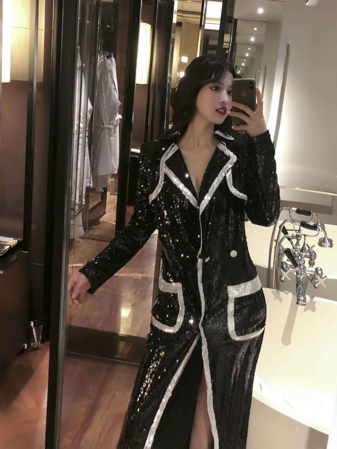 A1935 new black sequins material beads women winter coat long sleeve wholesale instock