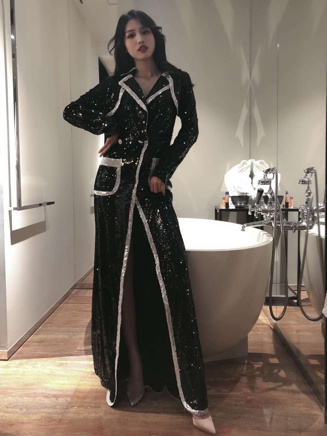 A1935 new black sequins material beads women winter coat long sleeve wholesale instock
