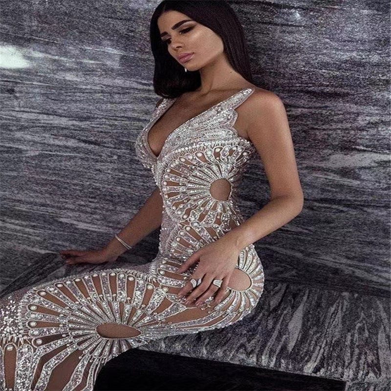 A4082 Luxury Halter Sequins Beading Mesh Women Long Bodycon Dress