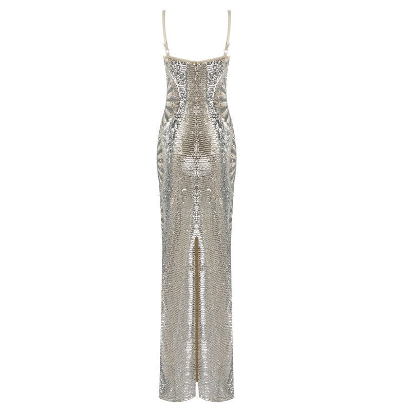 A4082 Luxury Halter Sequins Beading Mesh Women Long Bodycon Dress