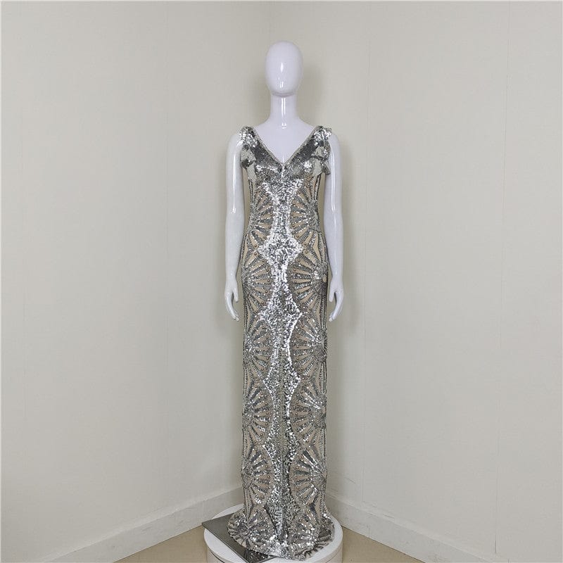 A4082 Luxury Halter Sequins Beading Mesh Women Long Bodycon Dress