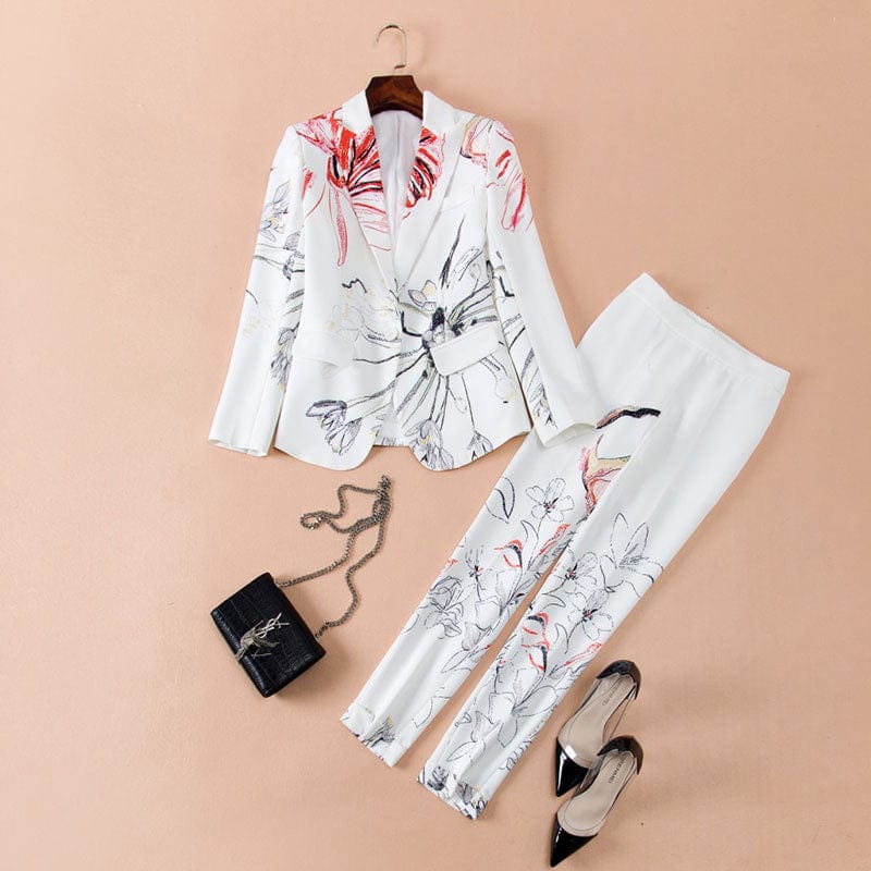 A4410 Migu Garment Office Wear Pattern Print Slim Women Two Piece Set Clothing Coat Pant