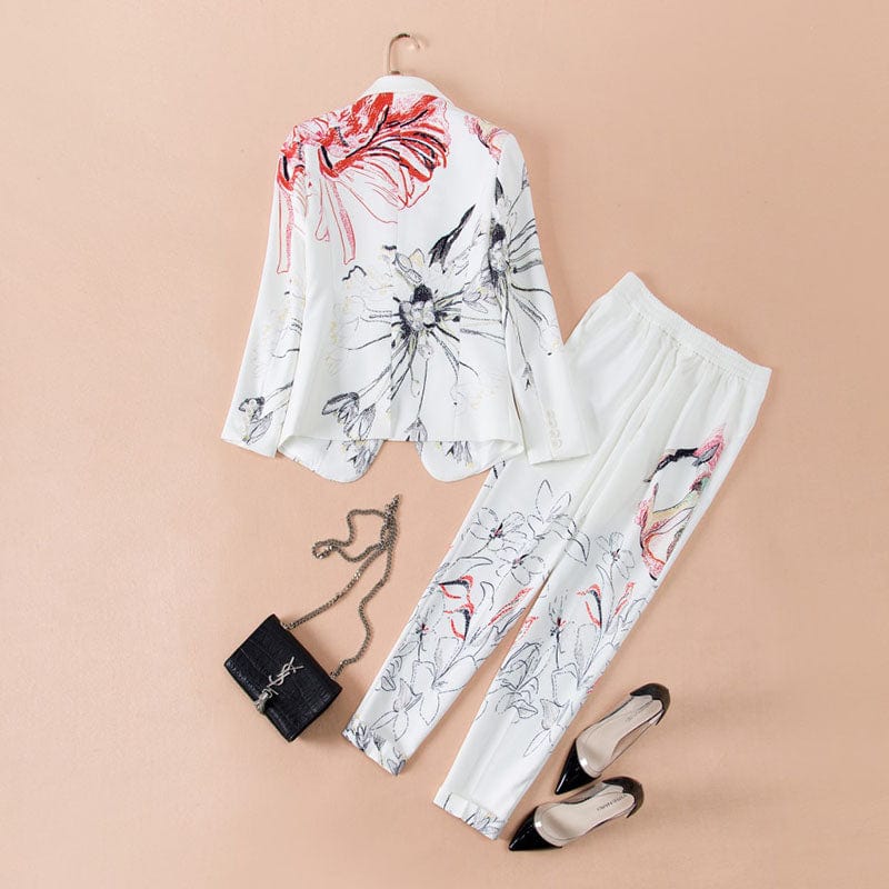 A4410 Migu Garment Office Wear Pattern Print Slim Women Two Piece Set Clothing Coat Pant