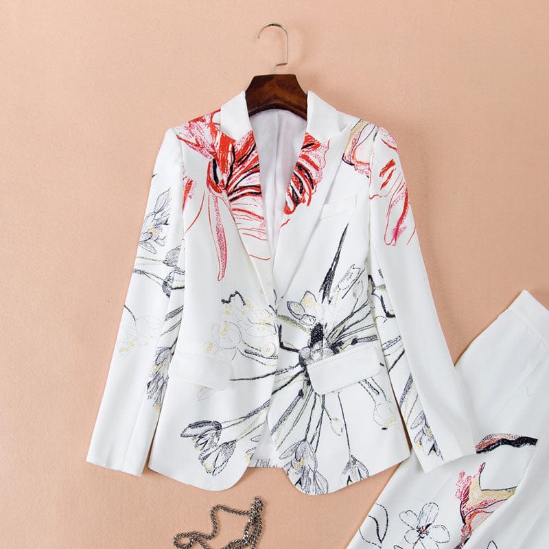 A4410 Migu Garment Office Wear Pattern Print Slim Women Two Piece Set Clothing Coat Pant