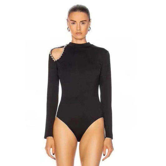 A4469 Black Diamonds Cut Out Design Fashion Women Winter Bodysuit