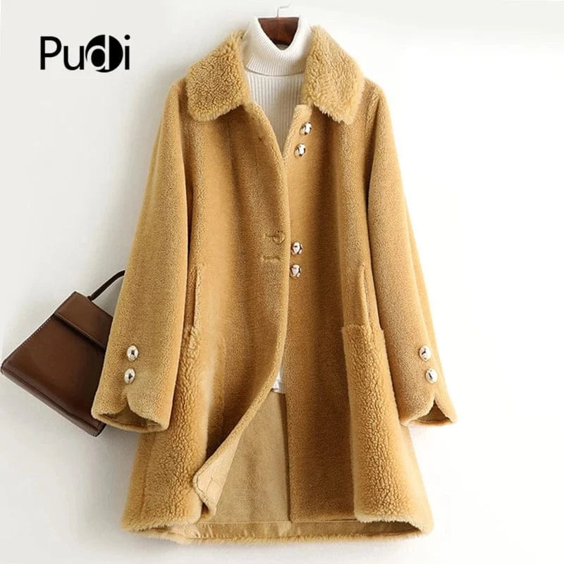A50035 Pudi women real wool fur coat jacket trench winter warm female sheep shearing over size parkar coats