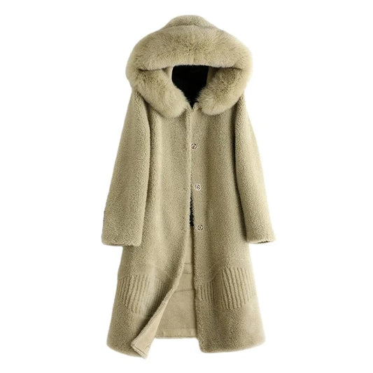 A50055 Pudi women real wool fur coat jacket trench with fox fur collar winter warm female sheep shearing over size parkar coats