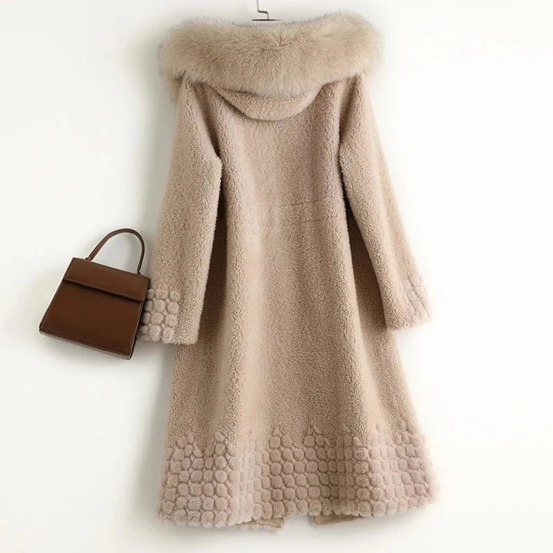 A50084 Pudi women real wool fur coat jacket trench with fox fur collar winter warm female sheep shearing over size parkar coats