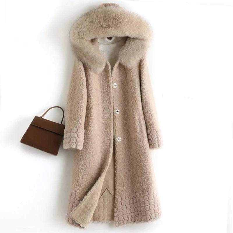 A50084 Pudi women real wool fur coat jacket trench with fox fur collar winter warm female sheep shearing over size parkar coats