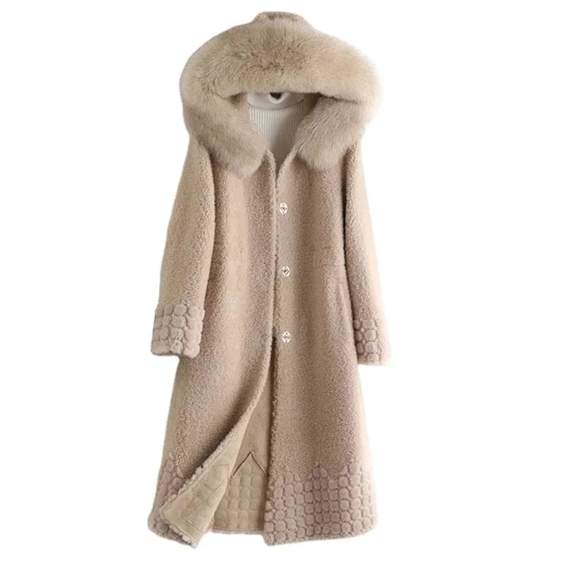 A50084 Pudi women real wool fur coat jacket trench with fox fur collar winter warm female sheep shearing over size parkar coats