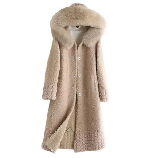 A50084 Pudi women real wool fur coat jacket trench with fox fur collar winter warm female sheep shearing over size parkar coats