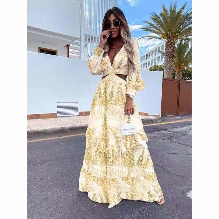 A5511 Custom Floral Print Elegant Lady Long Casual Dress Sexy Waist Hollow Out Women's Maxi Dress