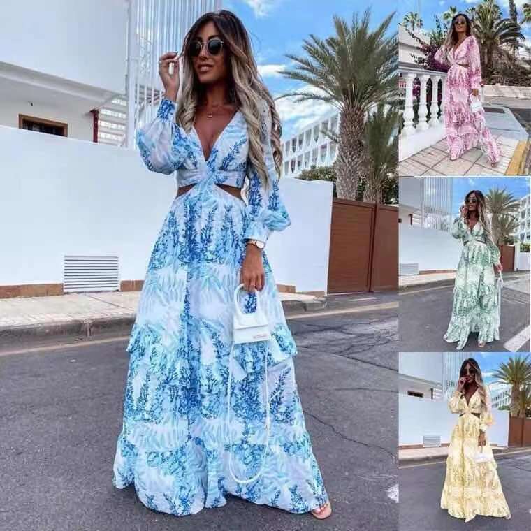 A5511 Custom Floral Print Elegant Lady Long Casual Dress Sexy Waist Hollow Out Women's Maxi Dress