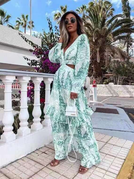 A5511 Custom Floral Print Elegant Lady Long Casual Dress Sexy Waist Hollow Out Women's Maxi Dress