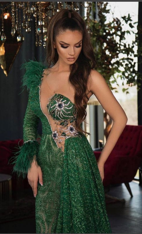 A5818 Sweetheart One Sleeves Sequined Fur Long Party Dress Green Mermaid Evening Dresses
