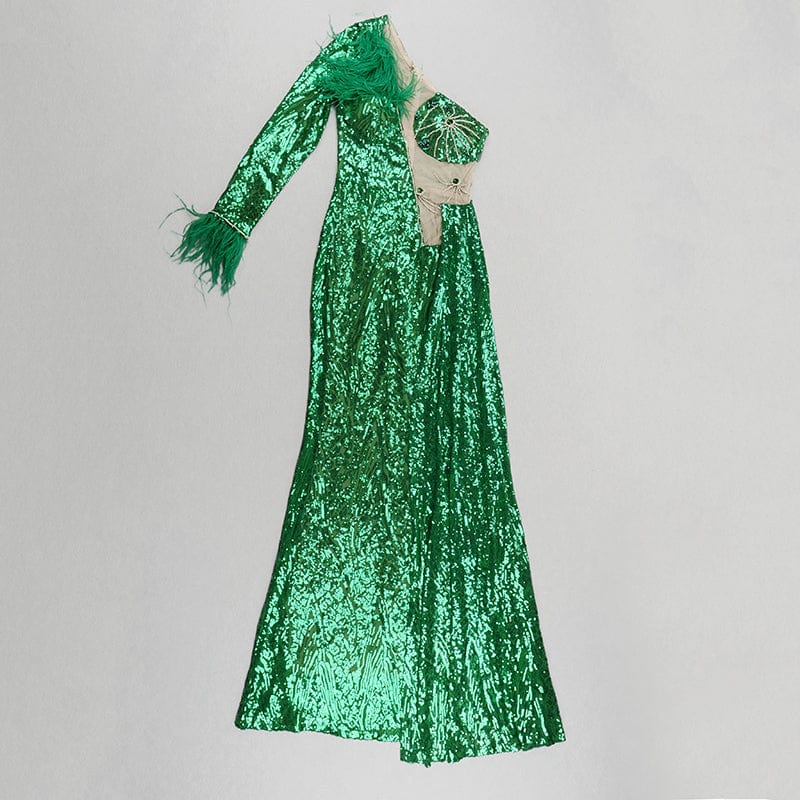 A5818 Sweetheart One Sleeves Sequined Fur Long Party Dress Green Mermaid Evening Dresses