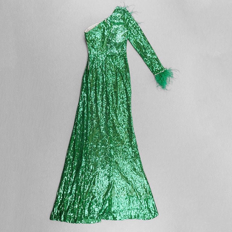 A5818 Sweetheart One Sleeves Sequined Fur Long Party Dress Green Mermaid Evening Dresses