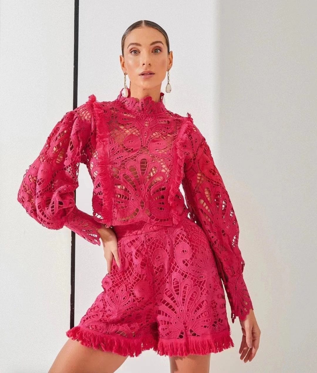 A7409 Fashionable floral lace two piece set crop top and short pant women suit summer casual