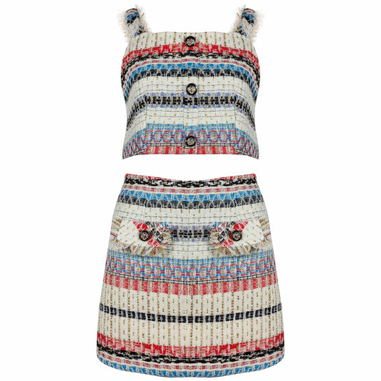 A7629  Fashionable colorful Bohemian style sleeveless mini sweater crop top and mini skirt suit women summer causal