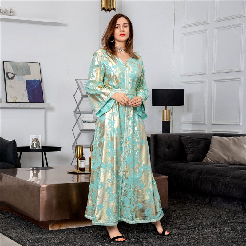 Abaya Hotstamping New Woman Gold Blocking Printed Ladies Long Sleeves Elegant Robes Women Luxury Abaya With Belt