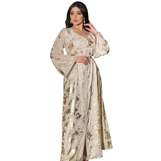 Abaya Hotstamping New Woman Gold Blocking Printed Ladies Long Sleeves Elegant Robes Women Luxury Abaya With Belt