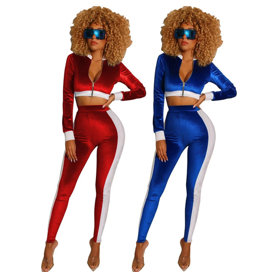 Active Wear Velvet Joggers 2 Piece Set Sport Wear Cropped Sweatshirts Hoodies Female Set Ladies Crop Top Hoodies Set