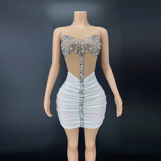AD1126 Sexy Sequin Plus Size Glitter Dress Nude Color Splicing Diamond Corset Ruffled Mini Dresses Party