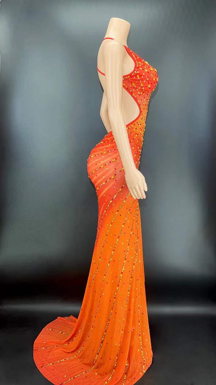 AD1149 Advanced Custom Handmade Crystal Diamond Backless Dress With Slit Evening Dresses Gowns For Women