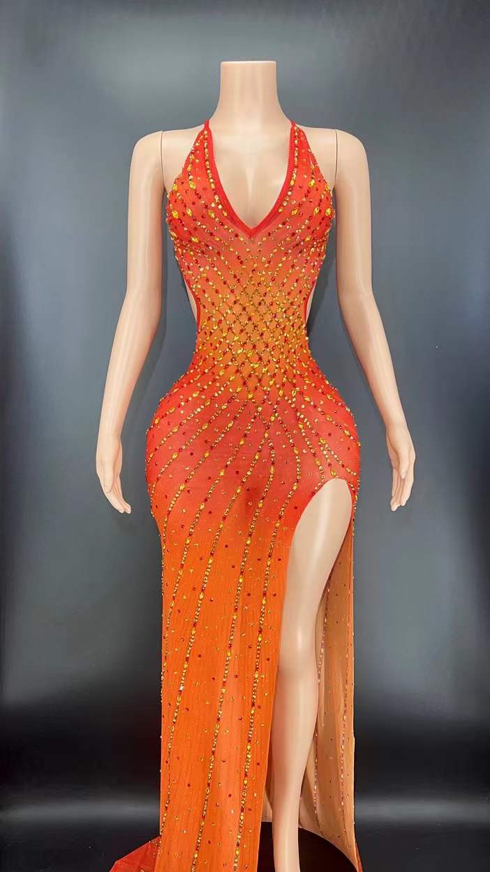 AD1149 Advanced Custom Handmade Crystal Diamond Backless Dress With Slit Evening Dresses Gowns For Women