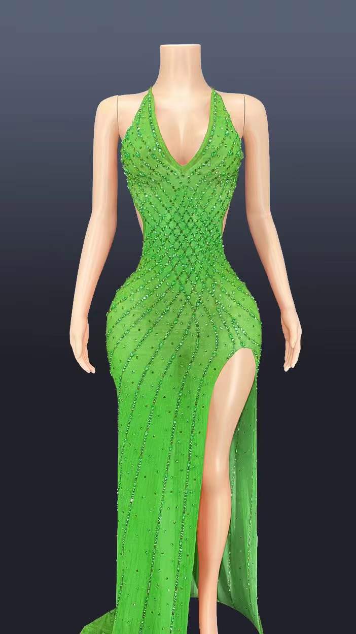AD1149 Advanced Custom Handmade Crystal Diamond Backless Dress With Slit Evening Dresses Gowns For Women