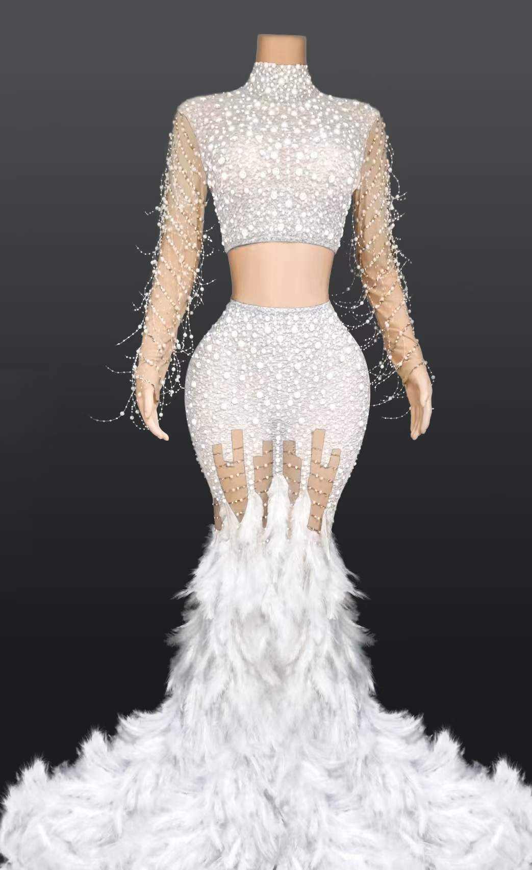 AD1153 Sequin Beaded Sleeve Luxury Dress Rhinestone Evening Gown Feather Fishtail Mesh Two Piece Set Women