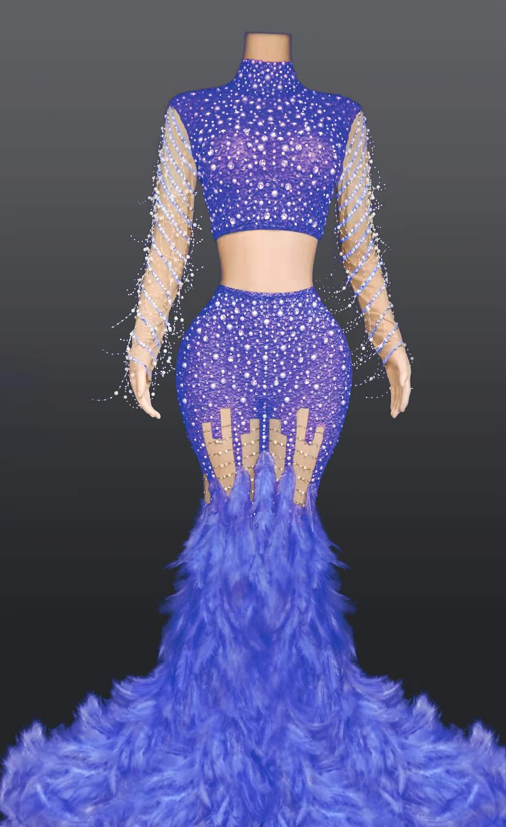 AD1153 Sequin Beaded Sleeve Luxury Dress Rhinestone Evening Gown Feather Fishtail Mesh Two Piece Set Women