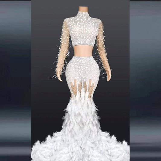 AD1153 Sequin Beaded Sleeve Luxury Dress Rhinestone Evening Gown Feather Fishtail Mesh Two Piece Set Women