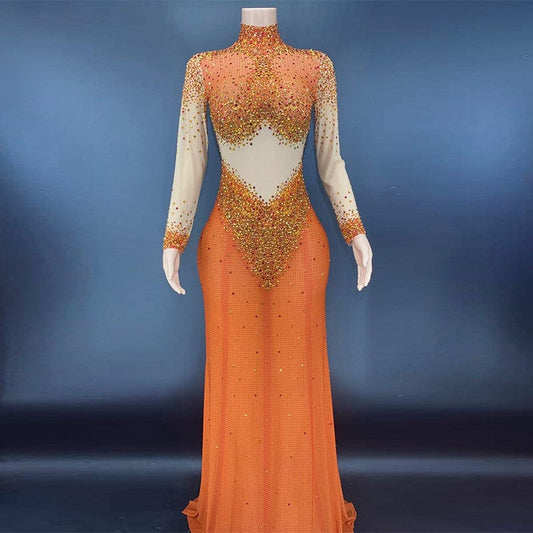 AD1154 Long Sleeve Crystal Evening Gowns Party Beading Sequin Exotic Dancewear Women Night Club Outfits