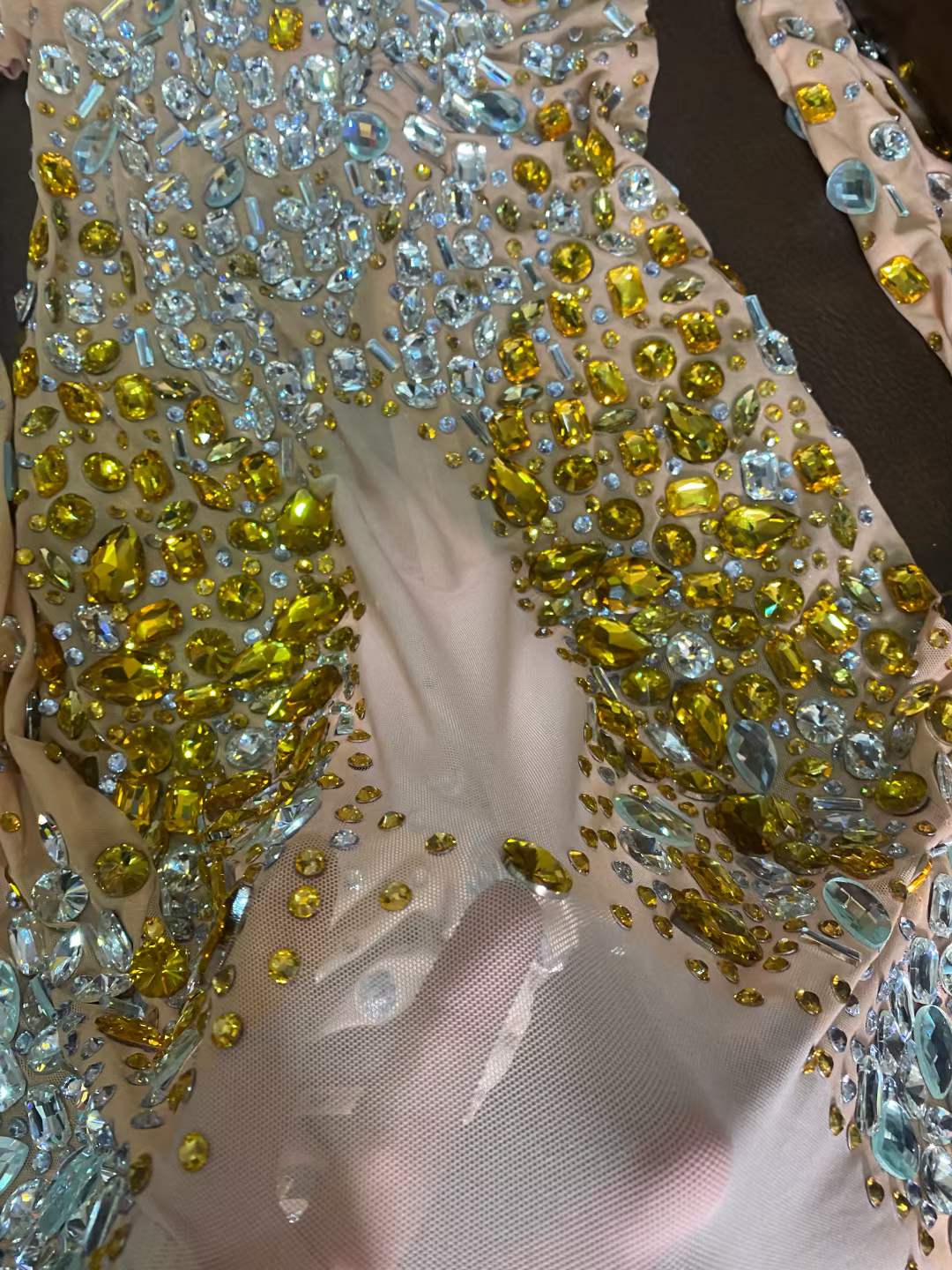 AD1175 Stage Costumes For Singers Crystal Sexy Outfit Nude Stretch Mesh Fabric Perspective Party Nightclub Prom Dresses