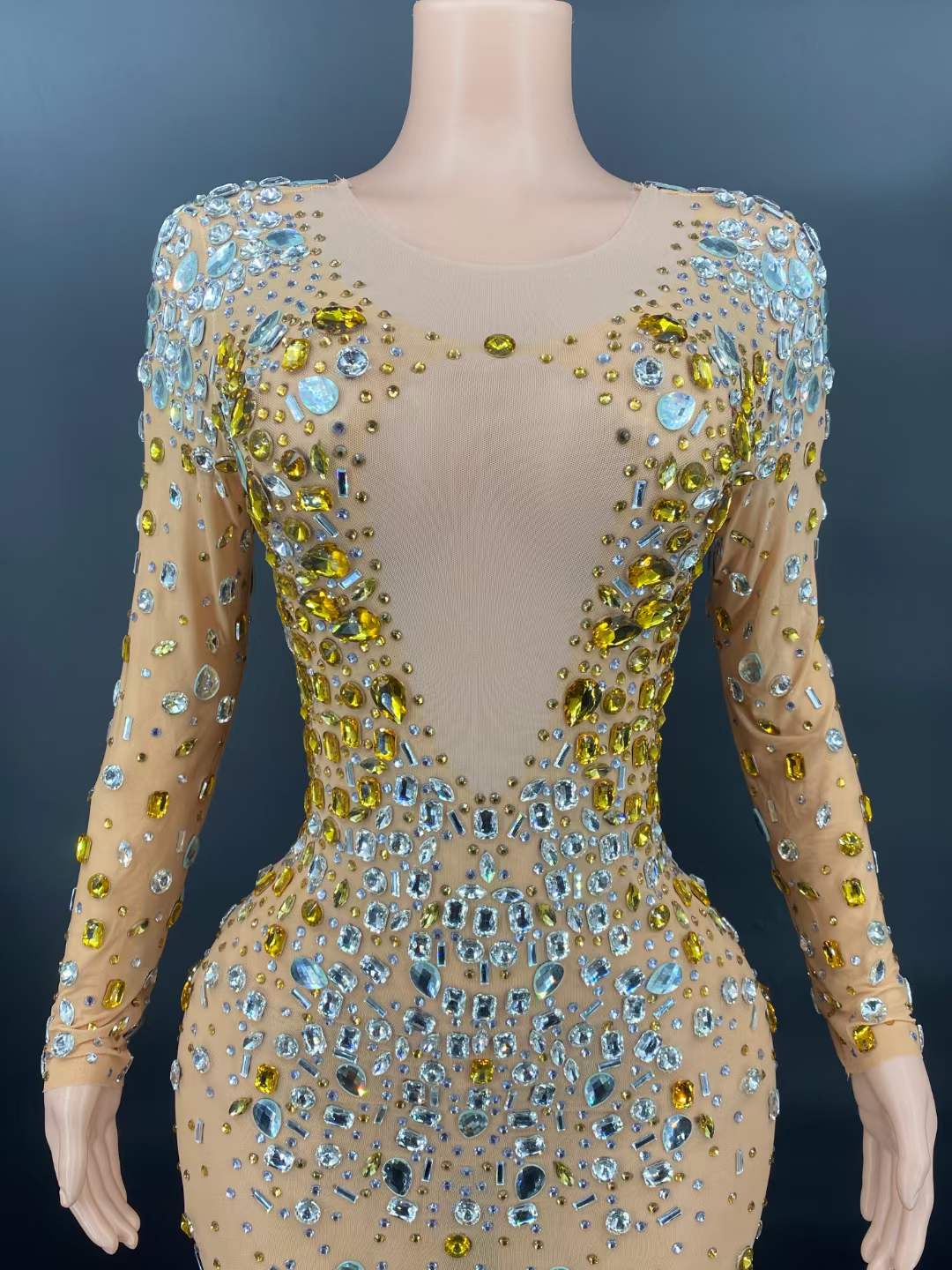 AD1175 Stage Costumes For Singers Crystal Sexy Outfit Nude Stretch Mesh Fabric Perspective Party Nightclub Prom Dresses