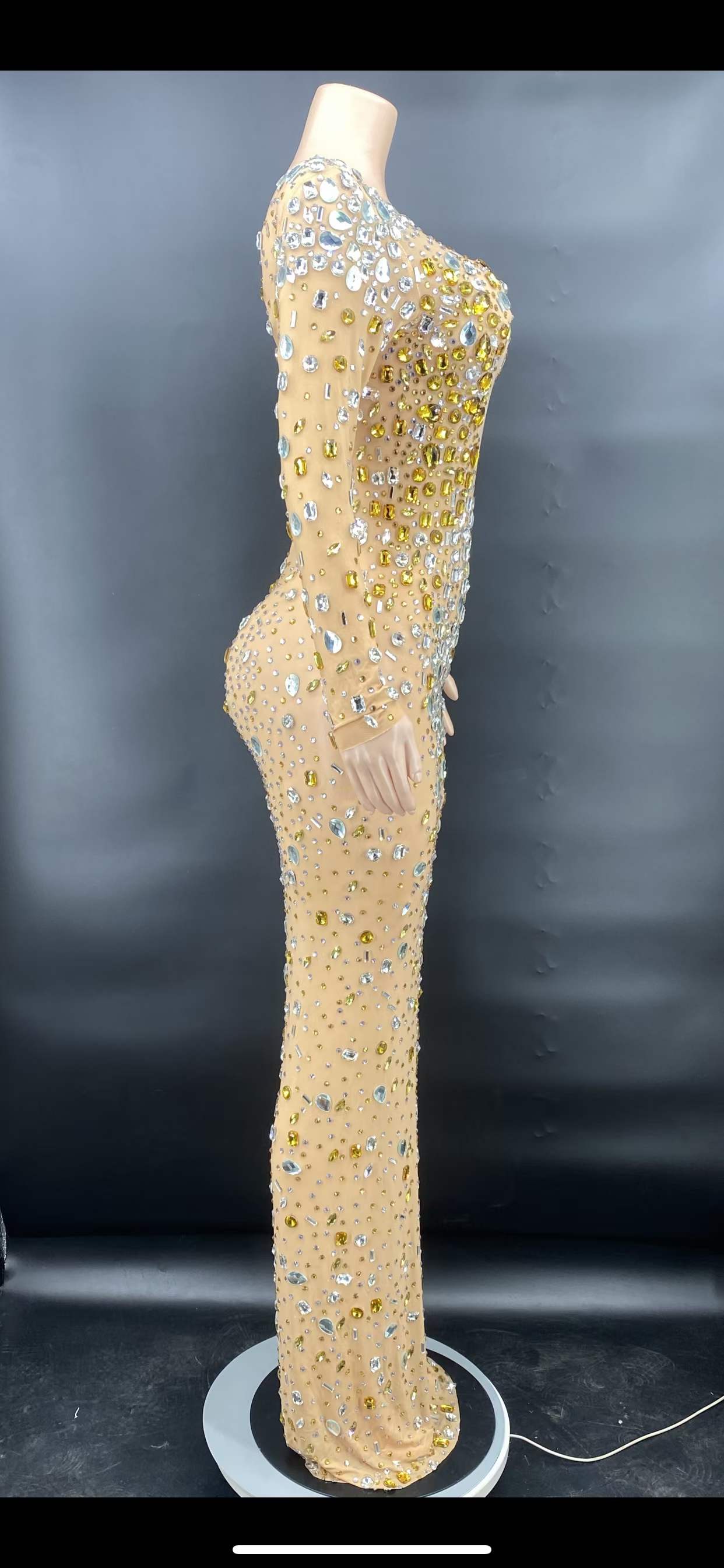 AD1175 Stage Costumes For Singers Crystal Sexy Outfit Nude Stretch Mesh Fabric Perspective Party Nightclub Prom Dresses