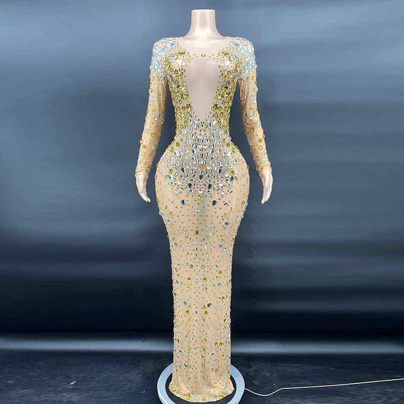 AD1175 Stage Costumes For Singers Crystal Sexy Outfit Nude Stretch Mesh Fabric Perspective Party Nightclub Prom Dresses