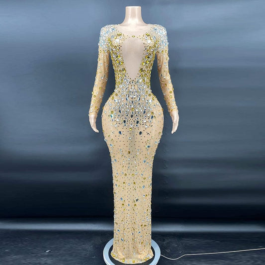 AD1175 Stage Costumes For Singers Crystal Sexy Outfit Nude Stretch Mesh Fabric Perspective Party Nightclub Prom Dresses