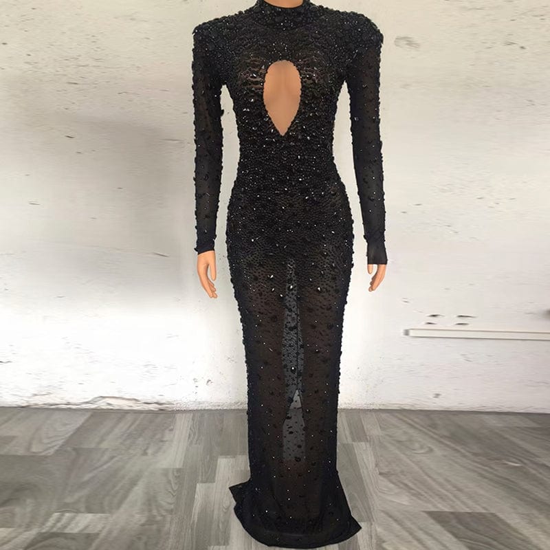 AD1307 Kimshein Vestidos De Elegant Dress For Women Full Sleeve Mesh Hollow Out Long Rhinestone Dress Evening Dinner Party