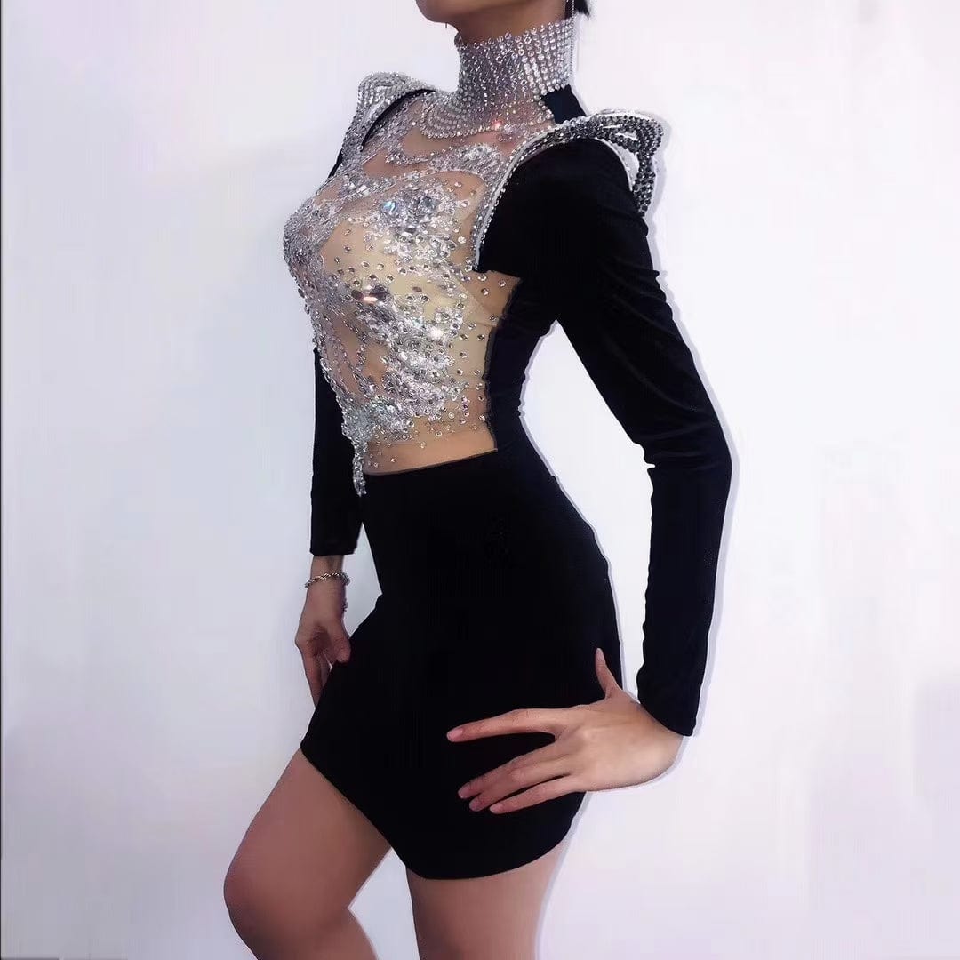 AD1379 Glisten Rhinestones See Through Mesh Stand Collar Splicing Velvet Bodycon Club Outfits For Women Sexy