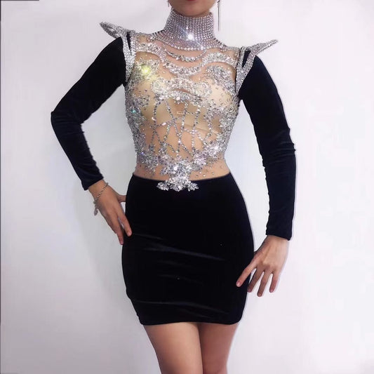 AD1379 Glisten Rhinestones See Through Mesh Stand Collar Splicing Velvet Bodycon Club Outfits For Women Sexy