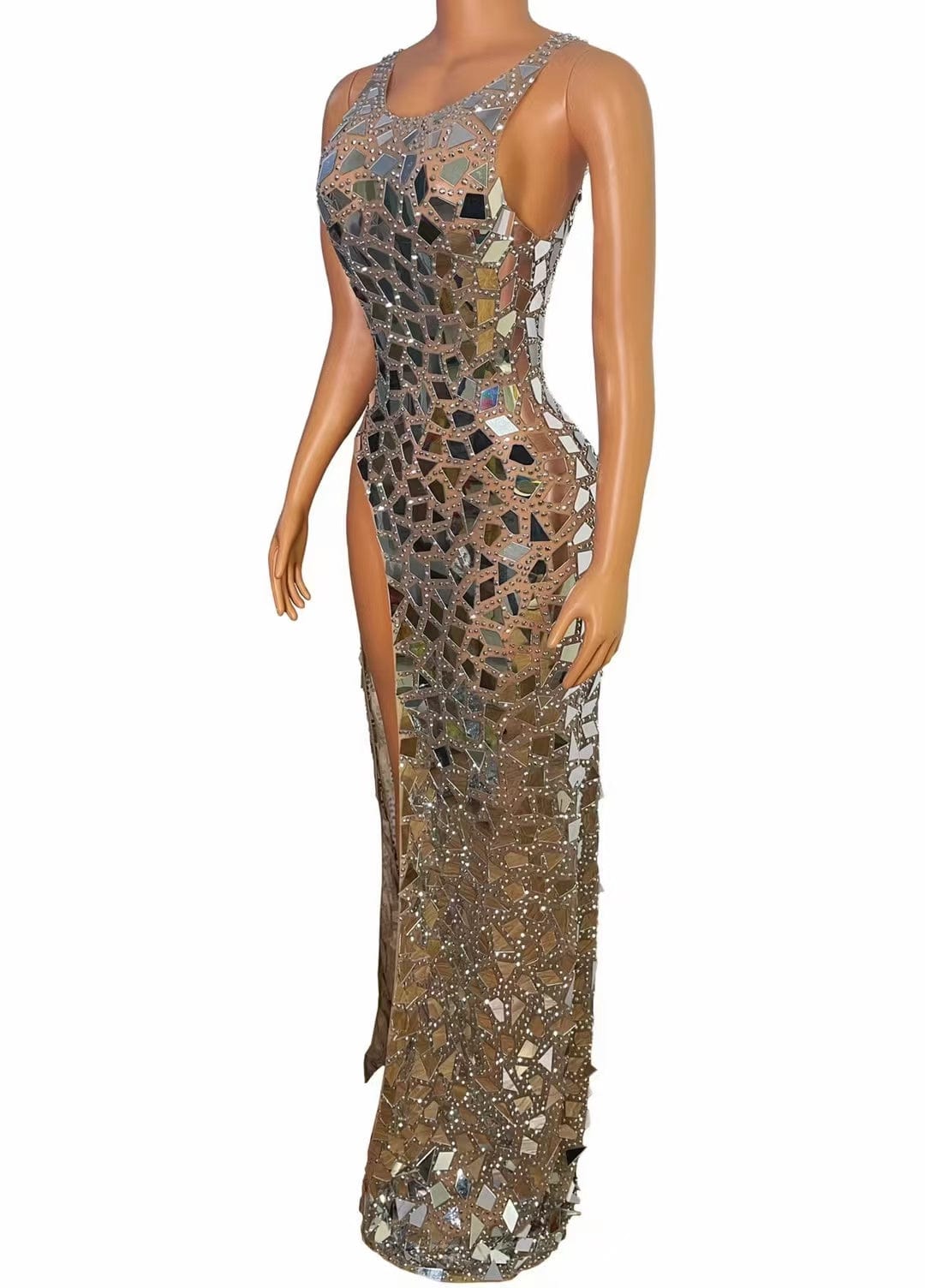 AD1439 Kimshein Women Elegant Robe High Split Hollow Out Beaded Sequin Mesh Prom Dresses Party Evening Dinner