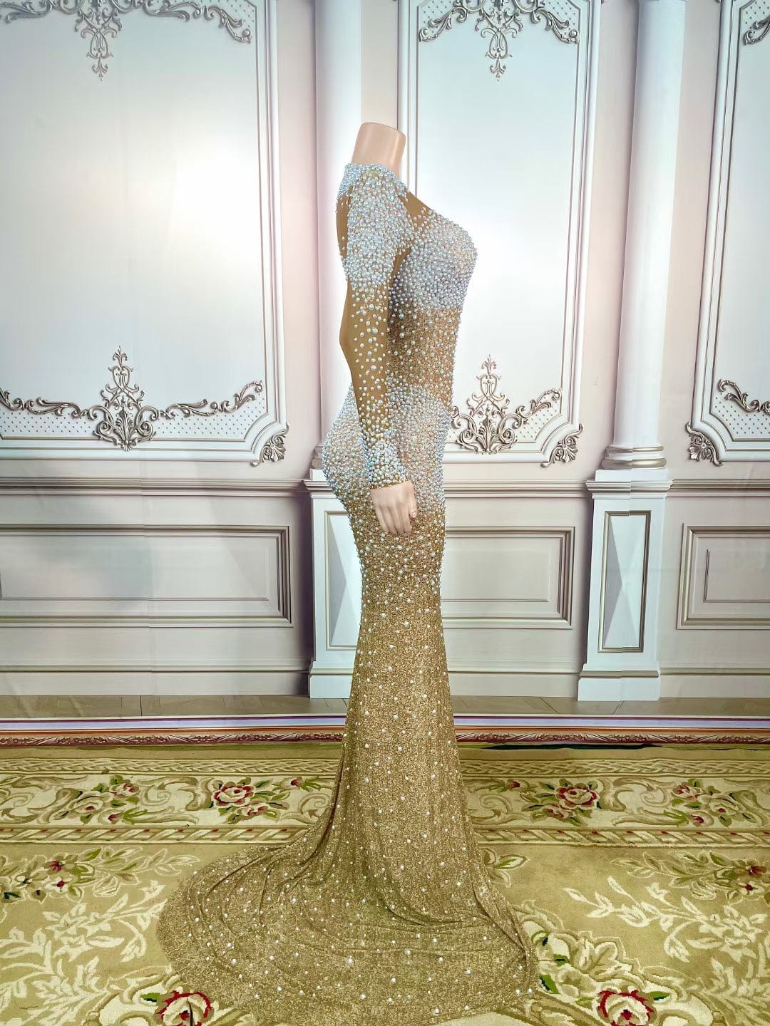 AD1509 Kimshein Luxury Dresses For Women Full Sleeve Crew Neck Split Beaded Floor Length Gown Dresses Women Evening